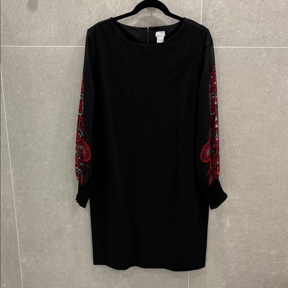 Chico's Elegant Black Dress with Sheer Red Patterned Sleeves